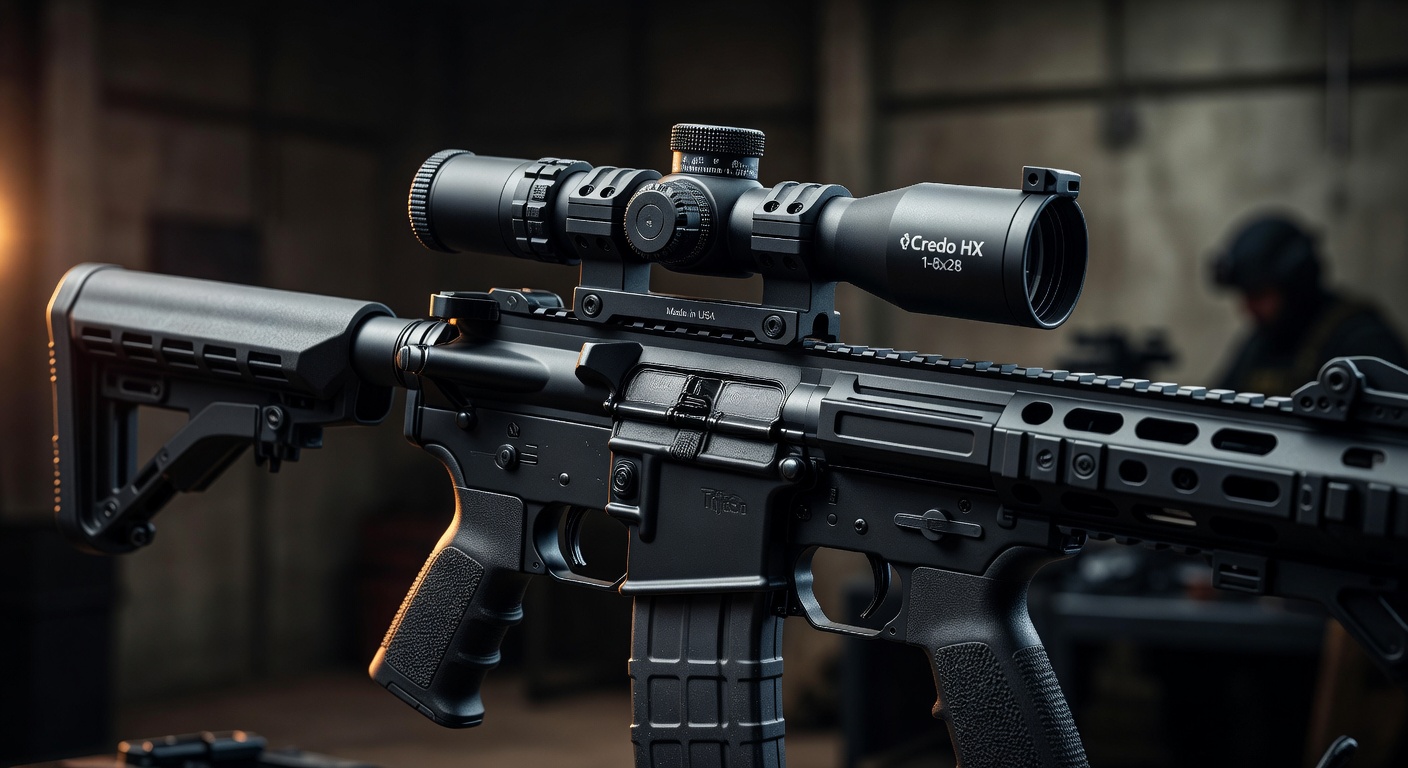 Ultra-realistic 8K product photography of Trijicon Credo HX 1-8x28 LPVO mounted on black AR-15 rifle with Magpul furniture, tactical setting, dramatic side lighting, highly detailed metal textures