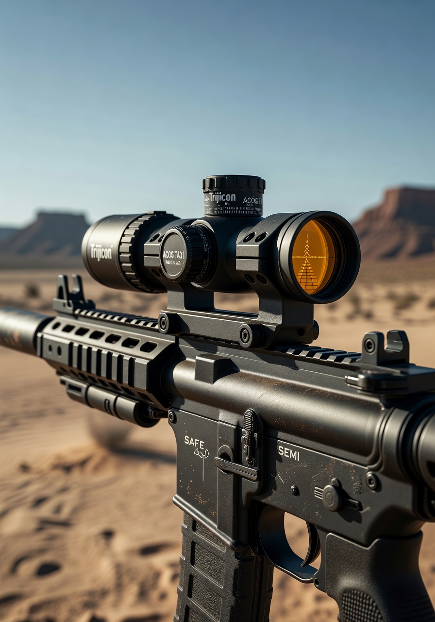 Trijicon ACOG TA31 prism scope mounted on SBR AR-15 with suppressor, desert environment background, realistic dust and wear details, cinematic lighting