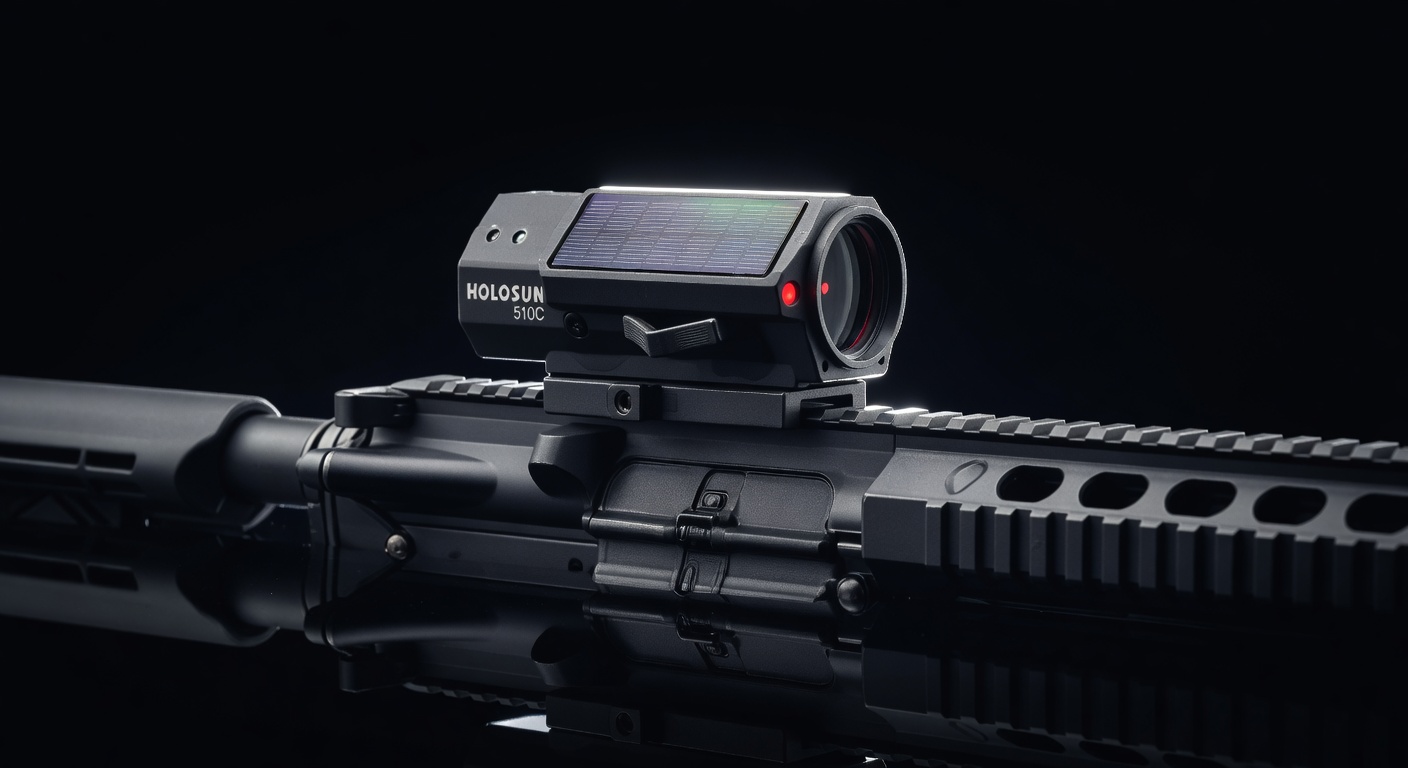 Holosun 510C red dot sight with solar panel clearly visible, mounted on AR-15 flat top receiver, studio product shot with perfect reflections