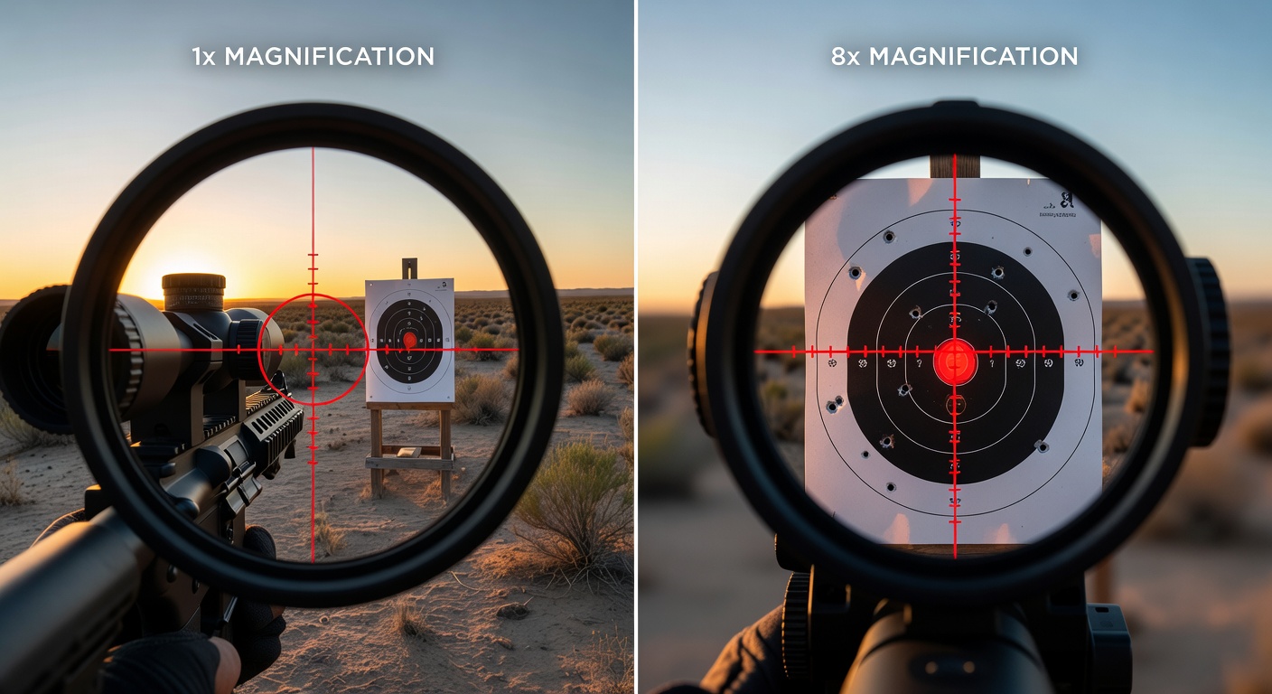 Split image showing reticle view through LPVO at 1x and 8x magnification side by side, crisp target acquisition, technical illustration style with realistic optics