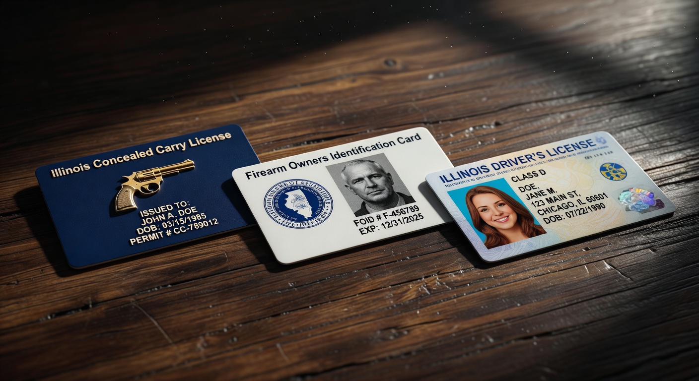Ultra-realistic 8K image of concealed carry license, FOID card, and drivers license arranged on dark wooden surface with dramatic lighting