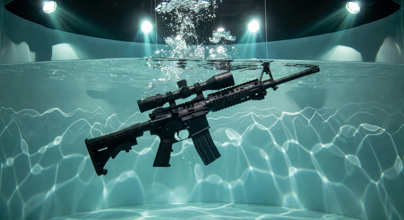AR-15 rifle submerged in water tank during waterproof testing with visible optic, dramatic underwater lighting, bubbles and realistic water caustics