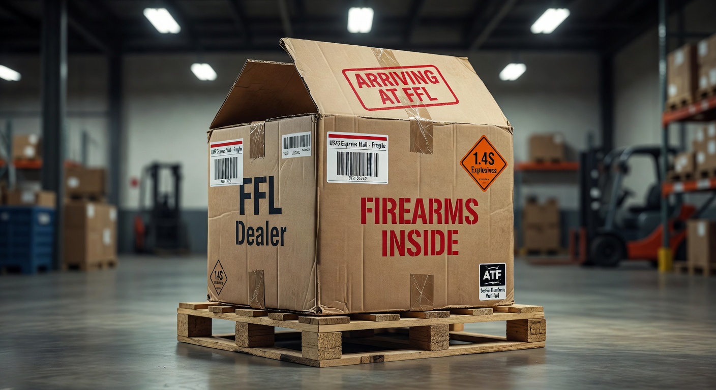 Ultra-realistic 8K photograph of firearms shipping box arriving at FFL dealer with proper markings and labels, warehouse setting