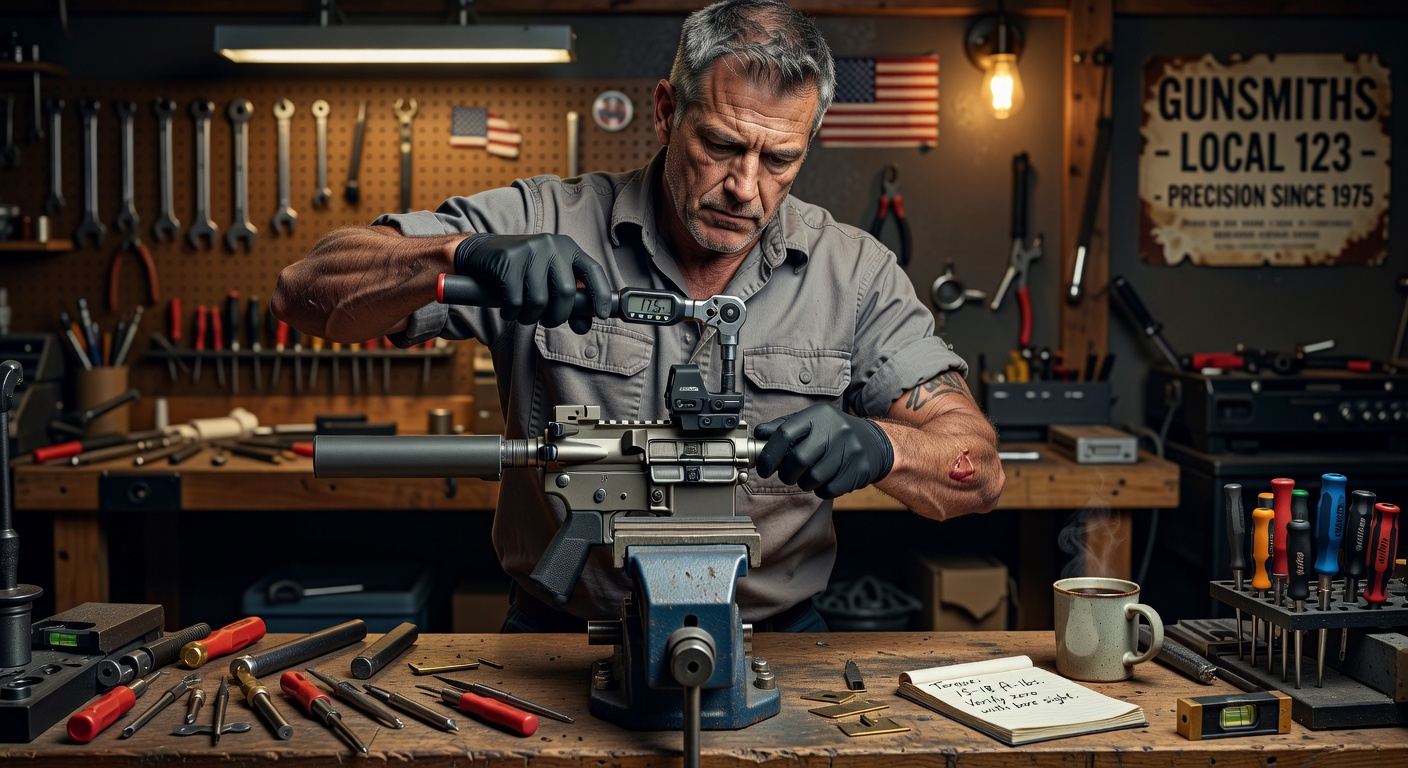 Professional gunsmith installing optic mount on AR-15 upper receiver using torque wrench, workshop environment, realistic tools and attention to detail