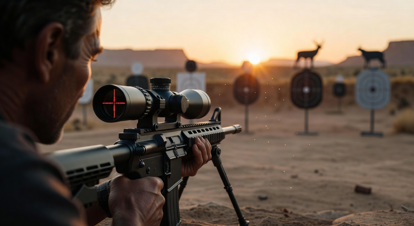 Vortex Razor HD Gen III 1-10x24 scope with illuminated reticle view looking downrange at steel targets at sunset, atmospheric depth of field