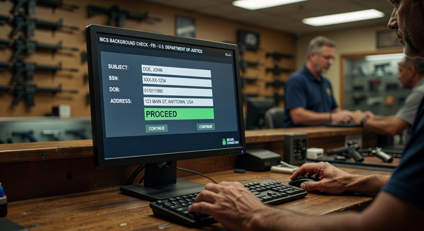 Ultra-realistic 8K close-up of NICS background check computer screen at FFL dealer with blurred background, secure atmosphere