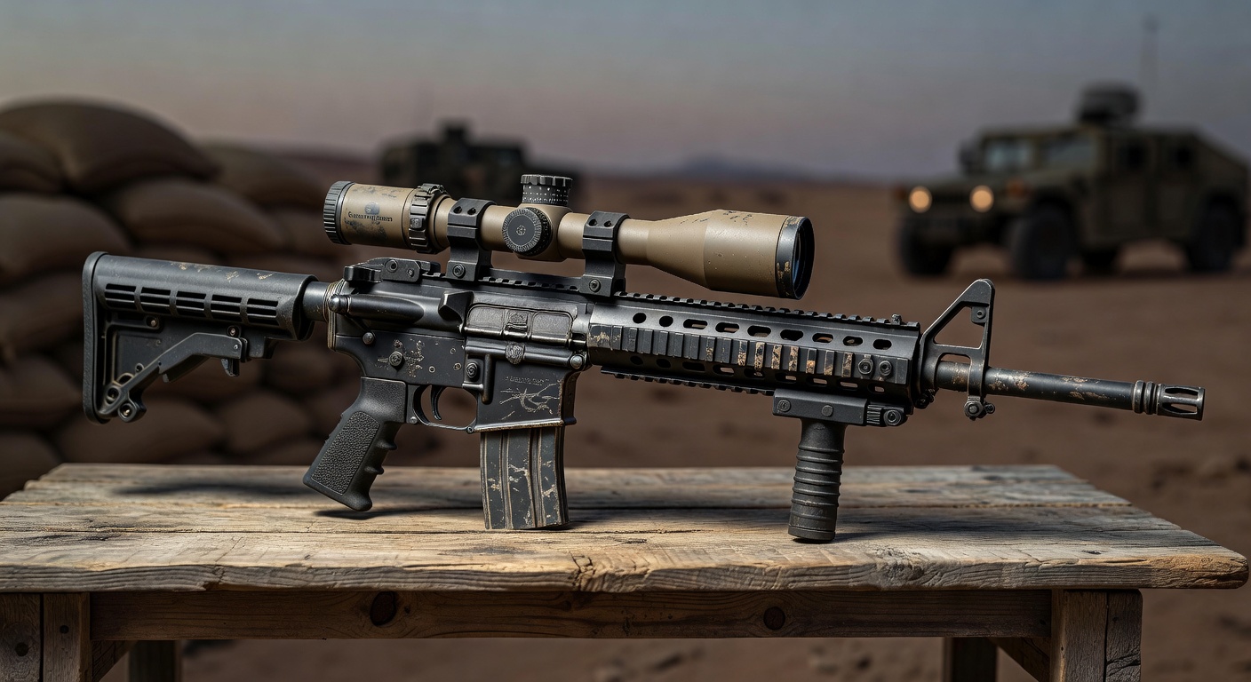 Heavy use AR-15 with battle-worn finish and high-end optic after 5000 rounds, showing realistic carbon buildup and wear patterns, authentic field photography