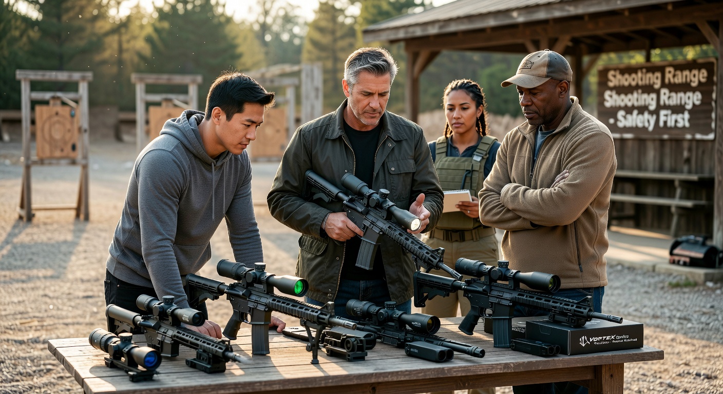 Group of serious shooters comparing different AR-15 optics at shooting range, casual but professional atmosphere, natural lighting, candid documentary style