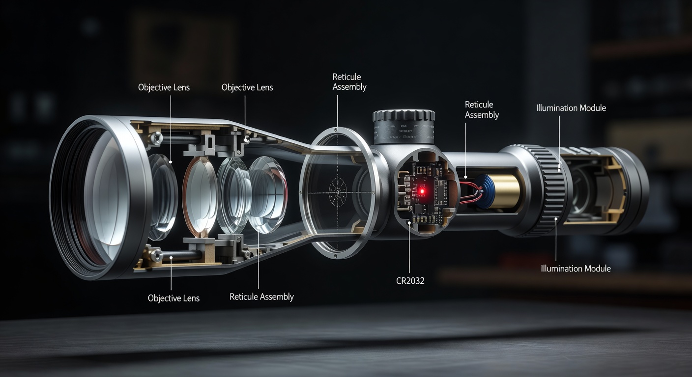 Ultra-detailed 8K cutaway technical illustration of LPVO internal mechanism showing lens elements, reticle, and illumination system, scientific product visualization
