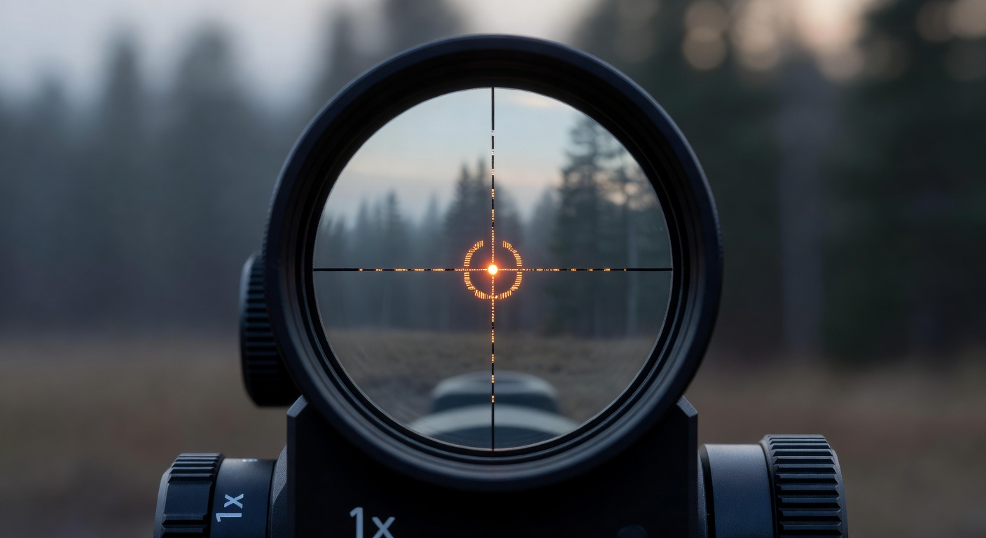 Close-up macro shot of illuminated reticle inside high-end LPVO scope at 1x magnification, crisp glass with slight bokeh background, technical product photography style