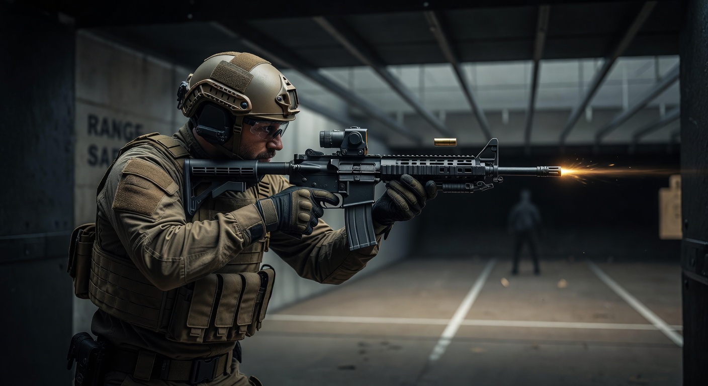 Action shot of shooter in tactical gear using AR-15 with red dot sight at indoor shooting range, shell casing in mid-air, dynamic motion, realistic 8K detail