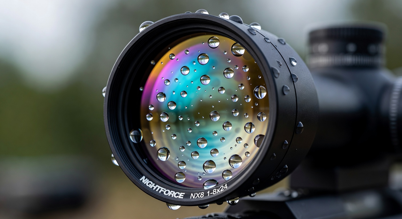 Extreme close-up of Nightforce NX8 1-8x24 objective lens with water droplets after rain test, showing exceptional glass quality and coatings, macro photography