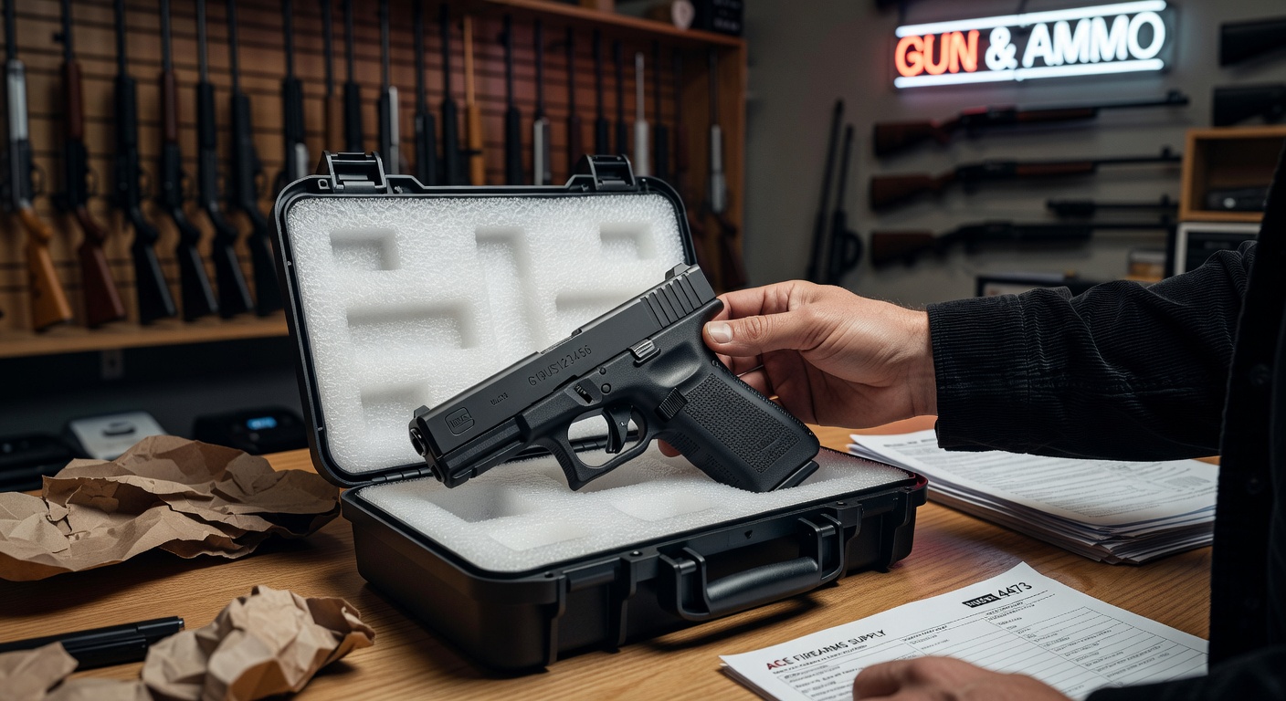 Ultra-realistic 8K image of a modern firearm being unboxed from shipping container at an FFL dealer store, detailed packaging materials