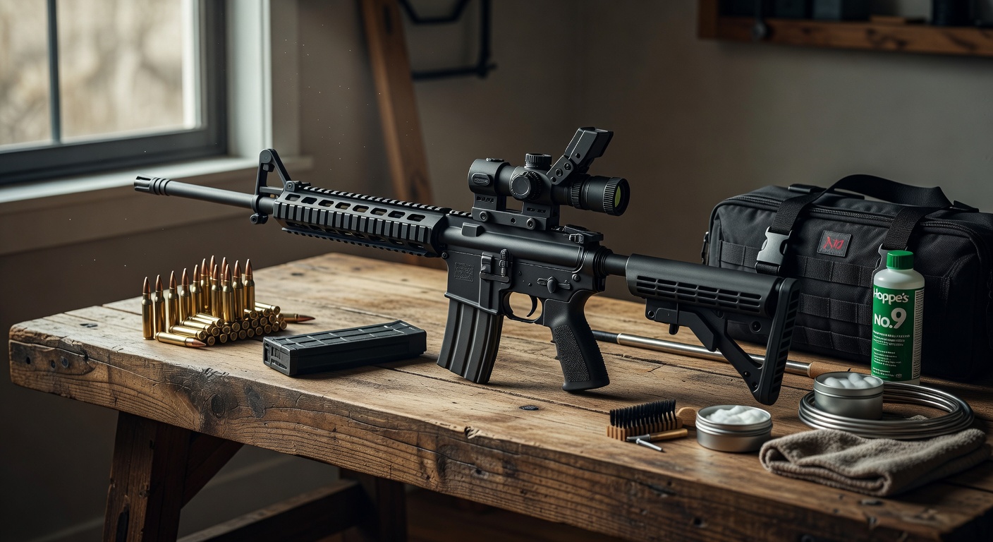 AR-15 rifle with Aimpoint CompM5s red dot and 3X magnifier in flip-to-side mount, displayed on wooden shooting bench with ammunition and cleaning supplies, natural window light