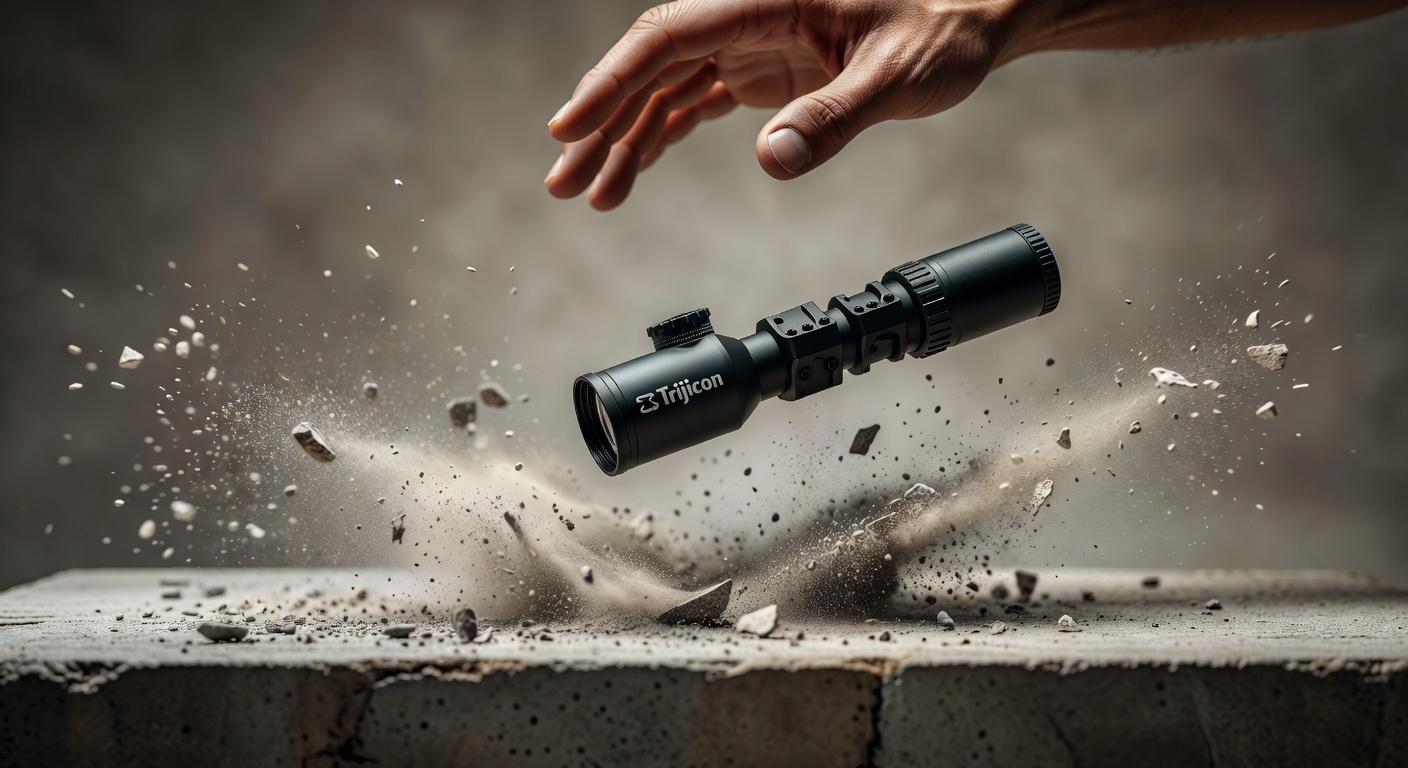 Dramatic durability test image showing AR-15 optic being dropped onto concrete from 4 feet height, motion blur, impact moment captured in ultra-realistic 8K