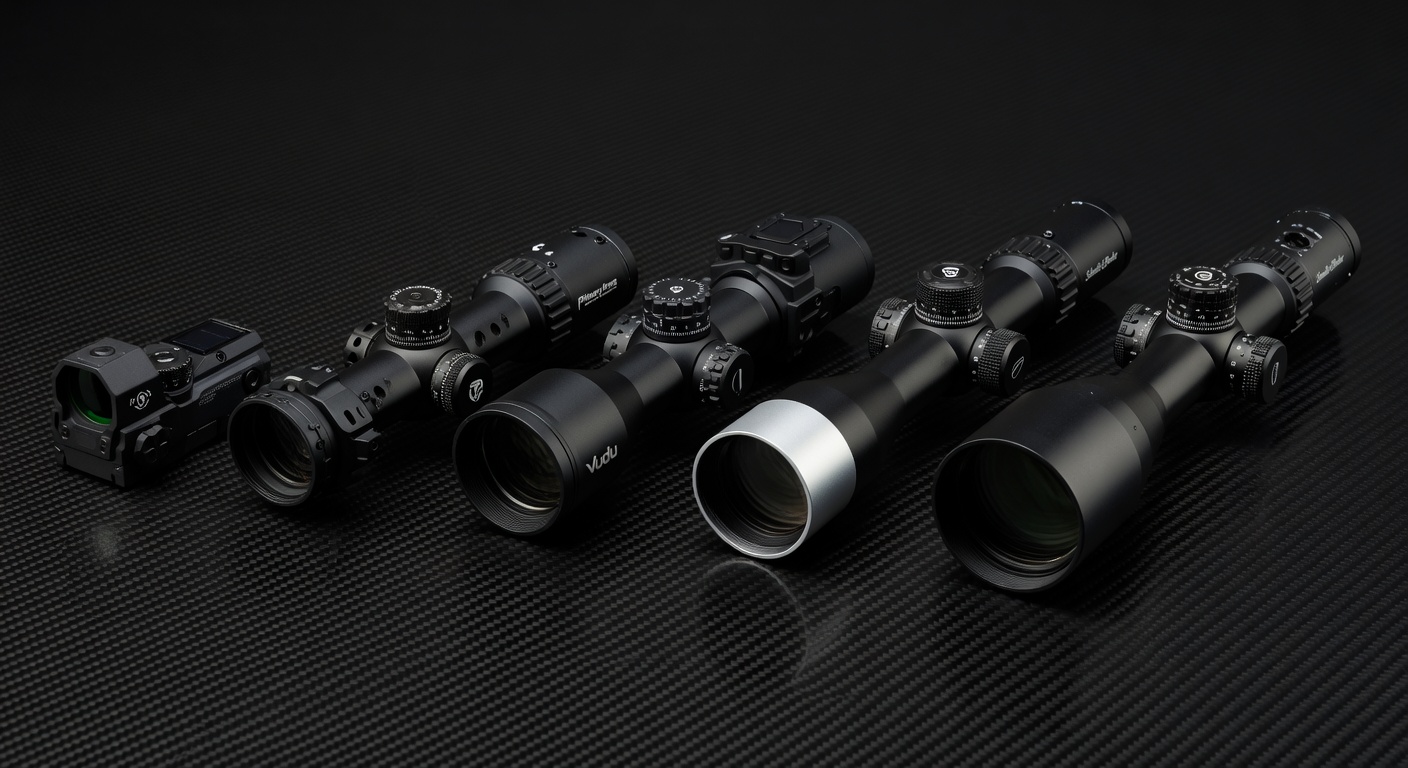 Side-by-side comparison of five different AR-15 optics arranged on black carbon fiber background, studio lighting, technical product photography, razor sharp detail