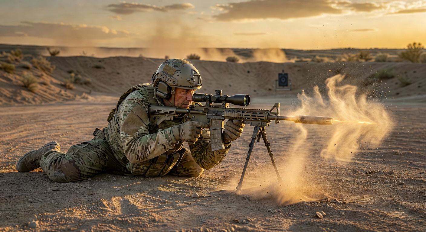 Low angle shot of shooter engaging targets at 300 yards with LPVO mounted AR-15 at outdoor long range facility, dust in air, golden hour lighting
