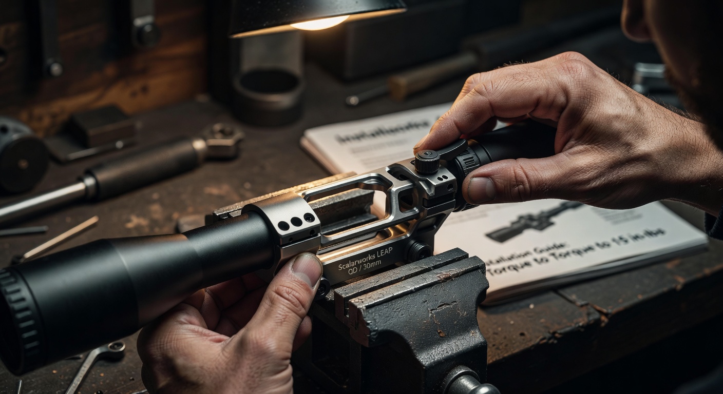 Detailed view of Scalarworks LEAP mount being installed on 30mm tube scope, showing quick detach mechanism and precise engineering, macro technical shot