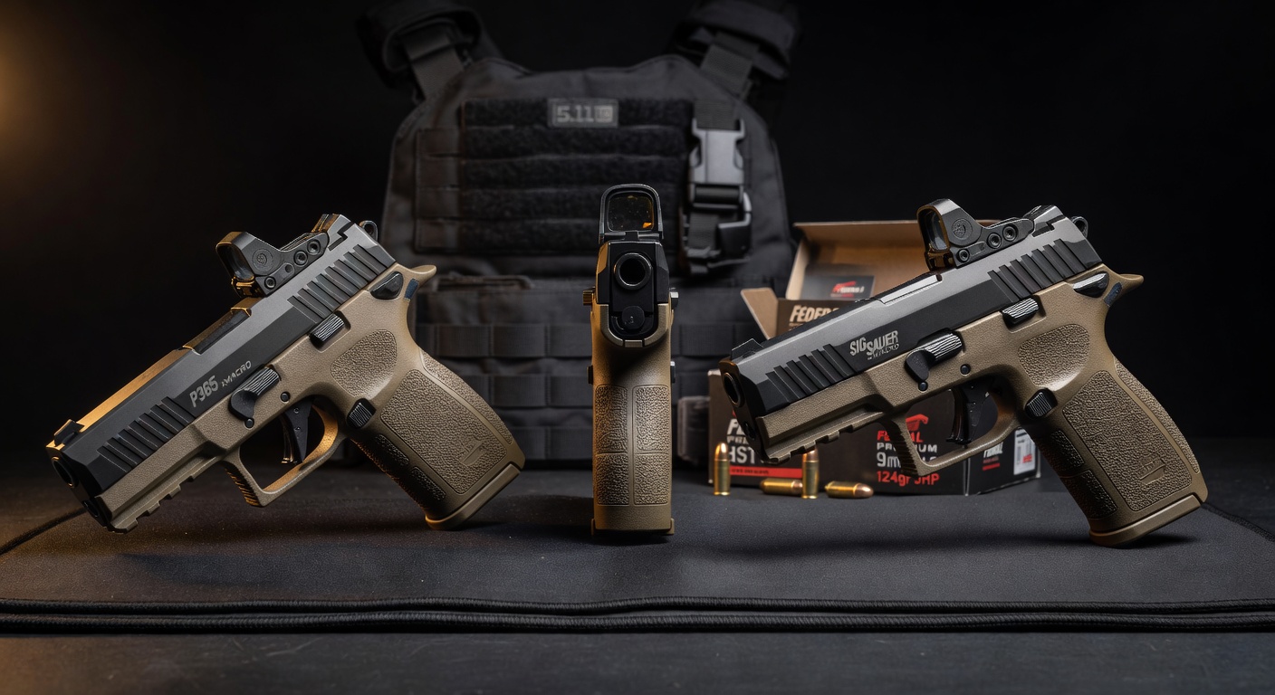 Ultra-realistic 8K product photography of SIG Sauer P365 XMacro 9mm pistol on dark tactical background with dramatic lighting, showing all angles, high detail on stippling and optics plate, professional studio lighting