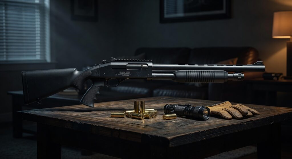 Ultra-realistic 8K image of a Black Aces Tactical Pro Series S Max 12 gauge shotgun positioned on a tactical table with ammunition and low light home interior background, dramatic cinematic lighting, highly detailed metal textures
