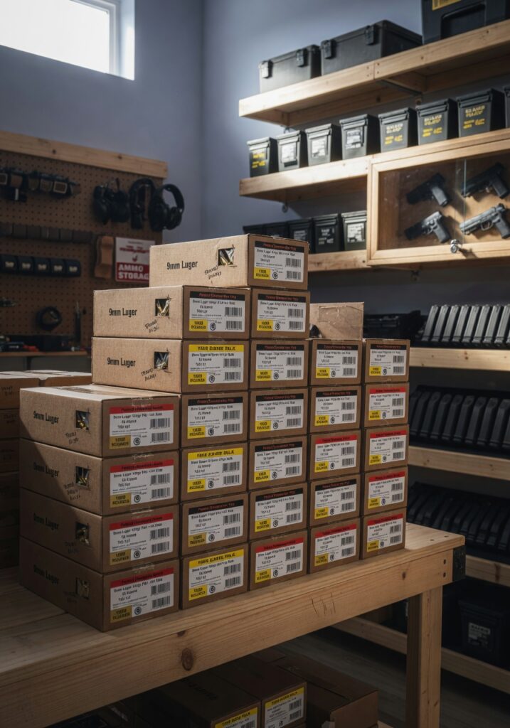 Ultra-realistic 8K image of neatly stacked cardboard boxes of bulk 9mm ammunition on wooden shelves in a well-organized gun room, soft natural lighting, depth of field, high detail