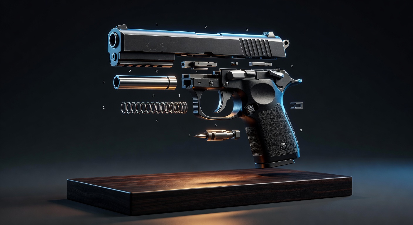 Exploded technical diagram view of micro-compact pistol showing all internal components in perfect 8K clarity, educational and detailed product visualization