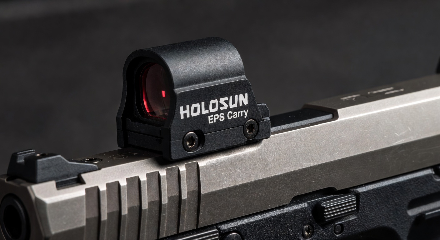 Holosun EPS Carry red dot sight mounted on optics-ready concealed carry pistol slide, extreme close-up macro shot with perfect focus, 8K resolution