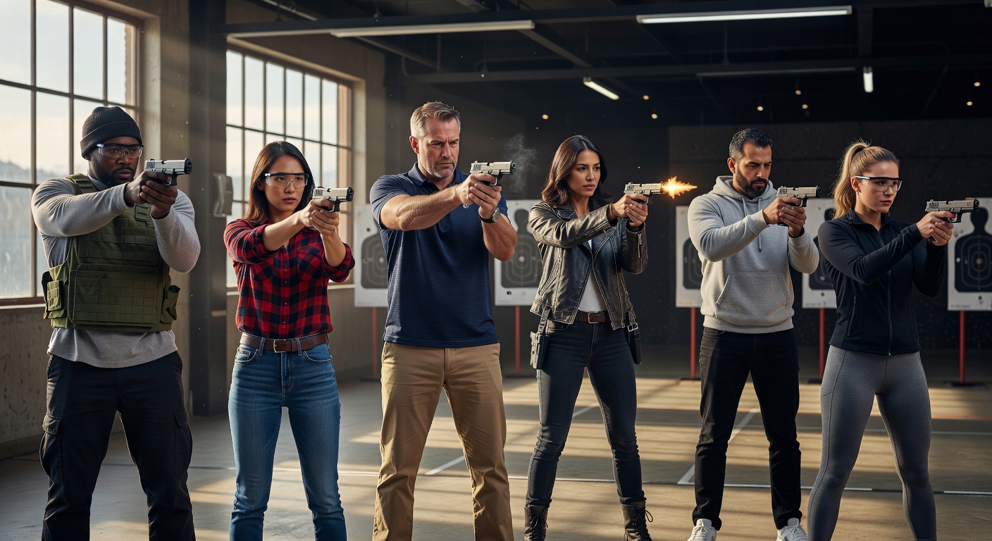 Diverse group of responsible gun owners at shooting range training with various concealed carry pistols, realistic action photography, natural lighting, 8K