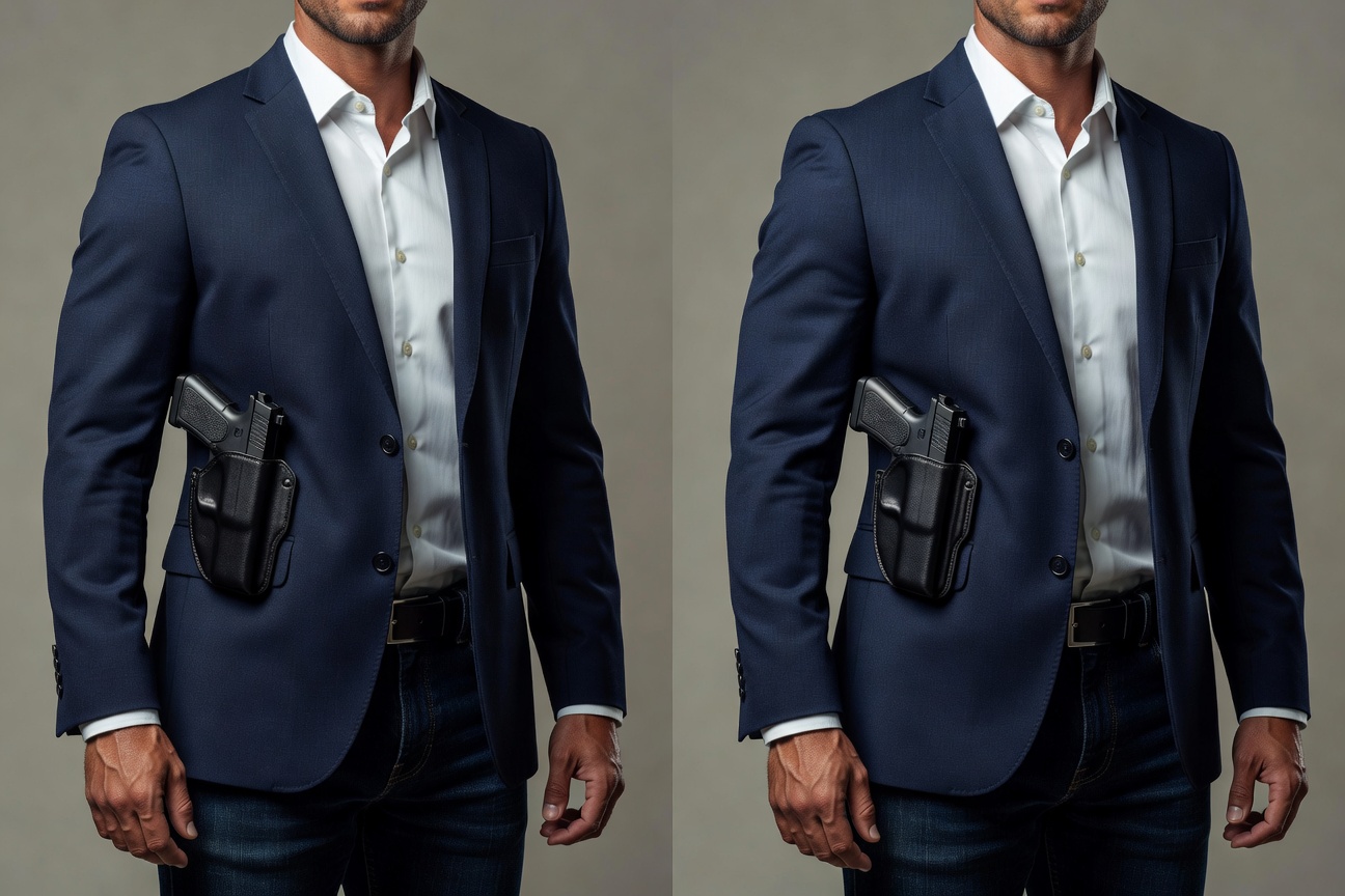 Before and after comparison of different concealed carry holsters showing printing vs proper concealment on same subject, side-by-side professional photography