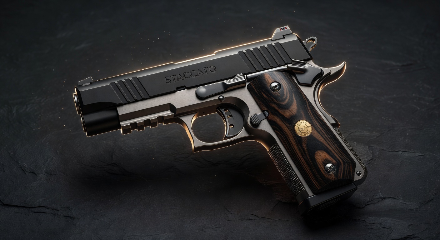 Staccato CS 2011 style micro-compact pistol with beautiful two-tone finish and custom grips, luxury product photography with dramatic rim lighting, 8K