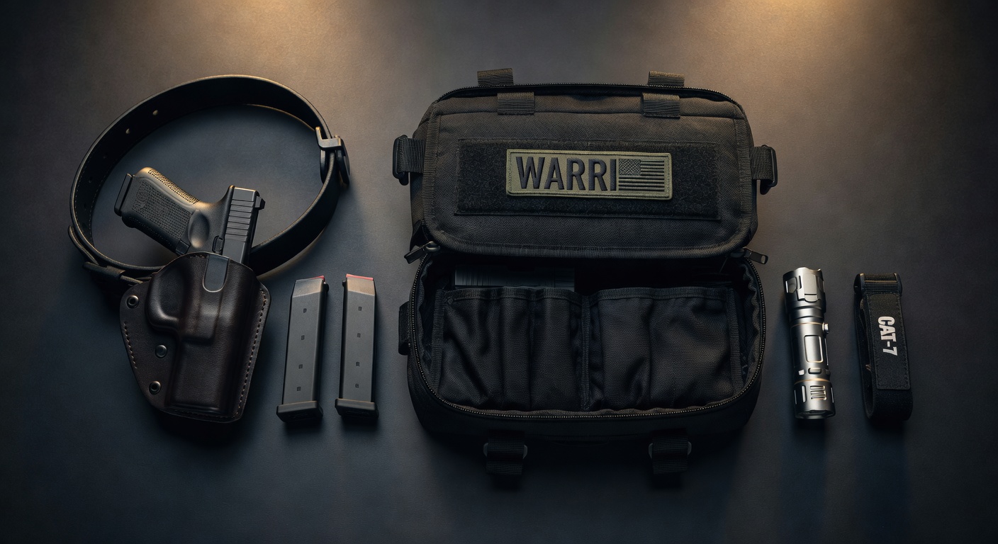Tactical range bag setup including multiple magazines, quality holster, flashlight, tourniquet and concealed carry pistol, organized flat lay photography in 8K