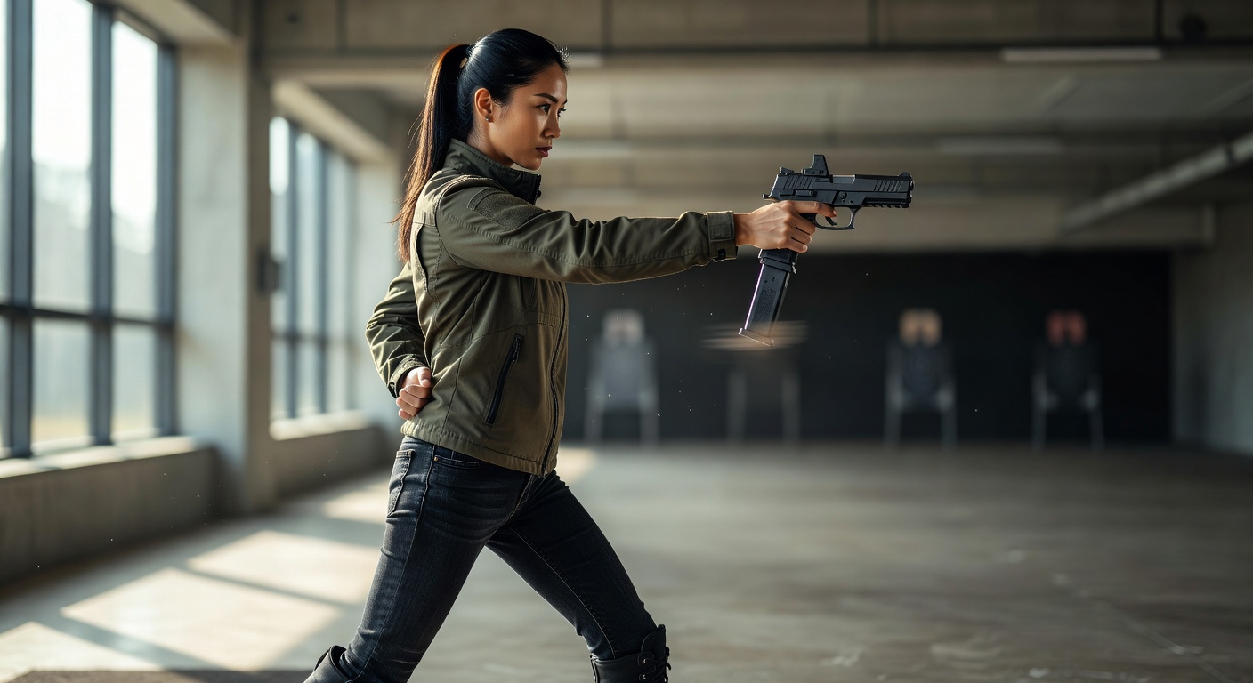 Woman practicing one-handed reload with SIG P365 XMacro at shooting range, dynamic action shot with perfect focus and motion blur on moving parts, 8K