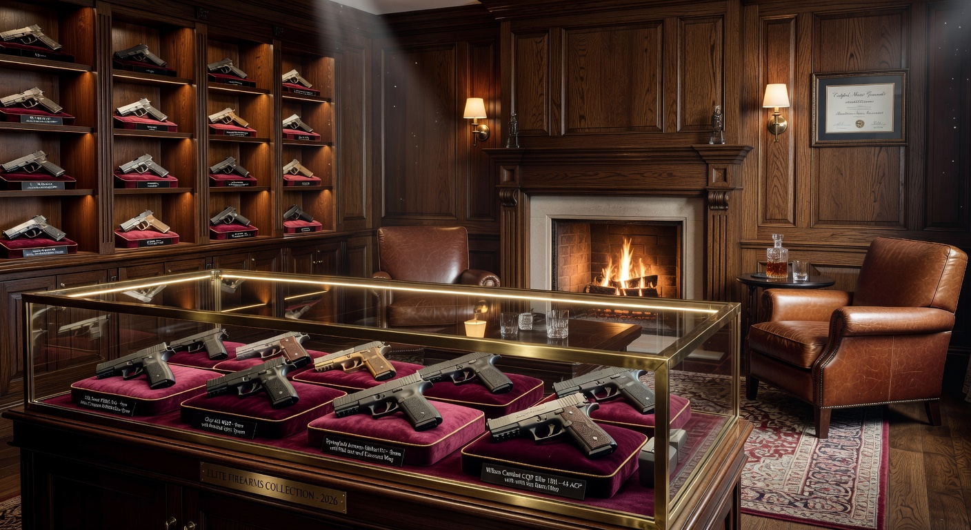 Luxury gun room interior with glass display cases featuring the best concealed carry pistols of 2026 including SIG, Glock, Springfield, and premium 1911s, warm ambient lighting, ultra-realistic 8K