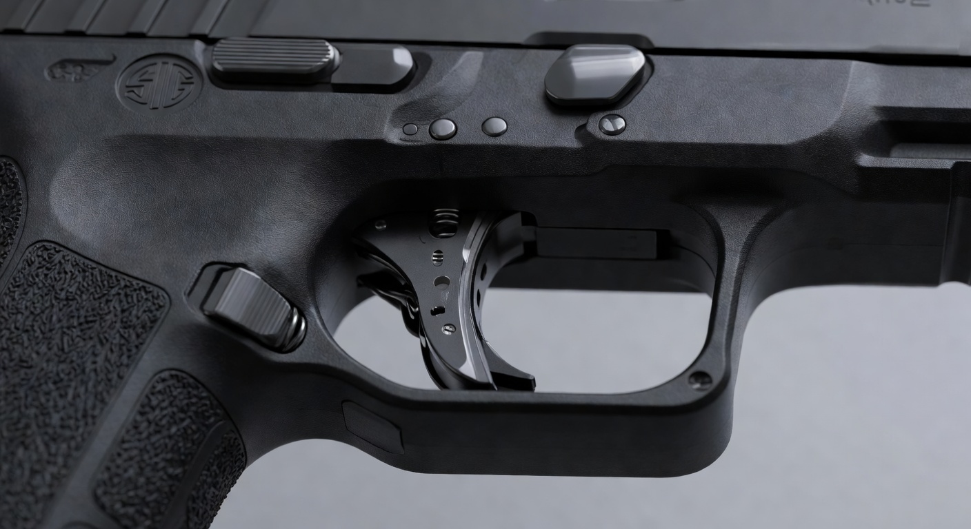 Close-up macro shot of SIG P365 XMacro trigger mechanism and flat-faced trigger in crystal clear 8K resolution, showing crisp break point and internal components, technical photography style