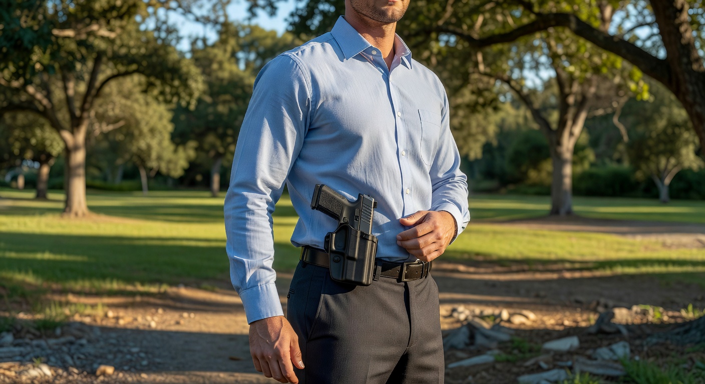 Realistic 8K image of person carrying SIG P365 XMacro in appendix inside waistband holster under business casual clothing, showing minimal printing, natural outdoor setting