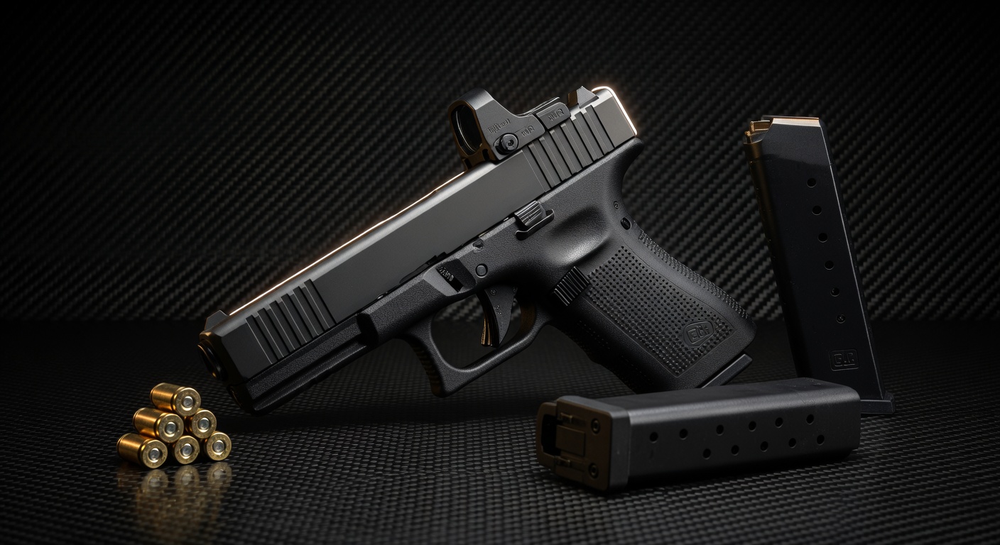 Glock 43X MOS with Trijicon RMR red dot sight mounted, ultra-detailed 8K product shot on carbon fiber background with ammunition and magazine nearby