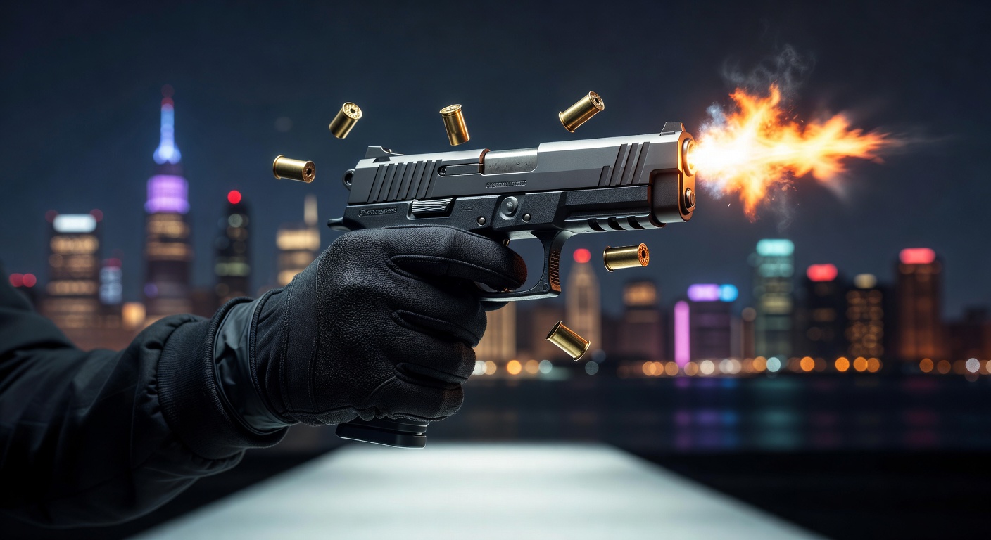 Springfield Hellcat Pro 9mm pistol in dynamic action pose with muzzle flash during firing, dramatic low angle 8K photography, shell casings in air