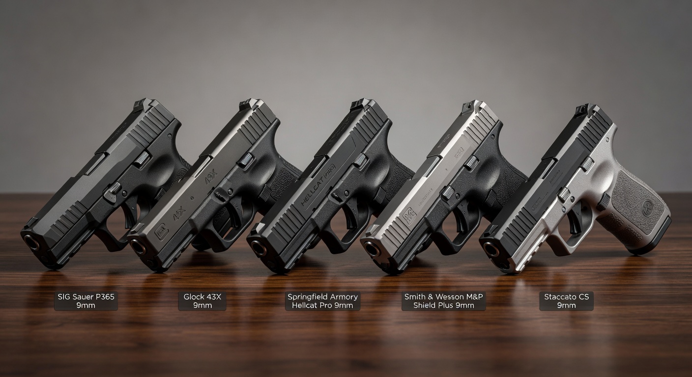 Side-by-side comparison of five top concealed carry pistols including SIG P365, Glock 43X, Hellcat Pro, Shield Plus and Staccato CS arranged professionally in 8K ultra-realistic style