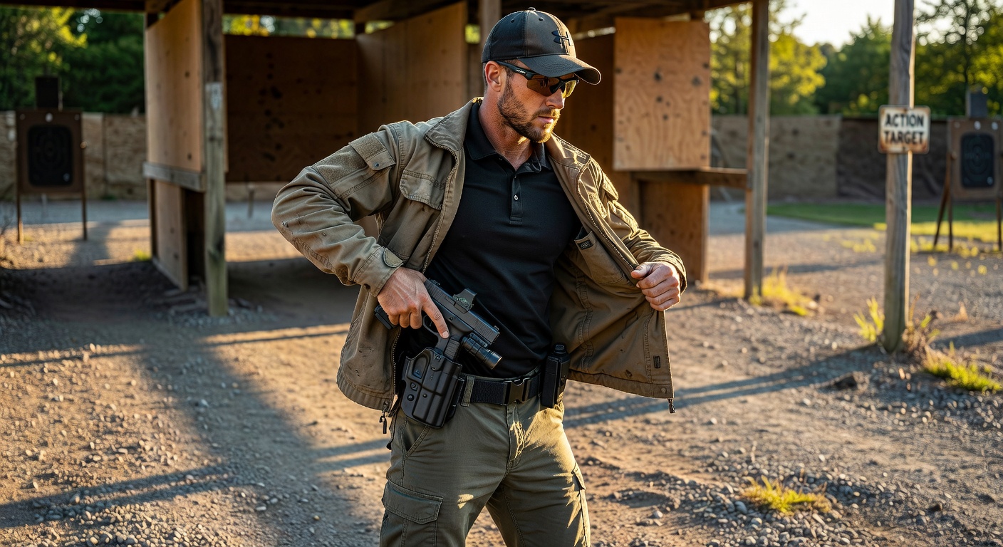 Person practicing draw from concealment with Glock 19 MOS from high quality Kydex holster, action shot captured in perfect timing, outdoor range setting, 8K resolution
