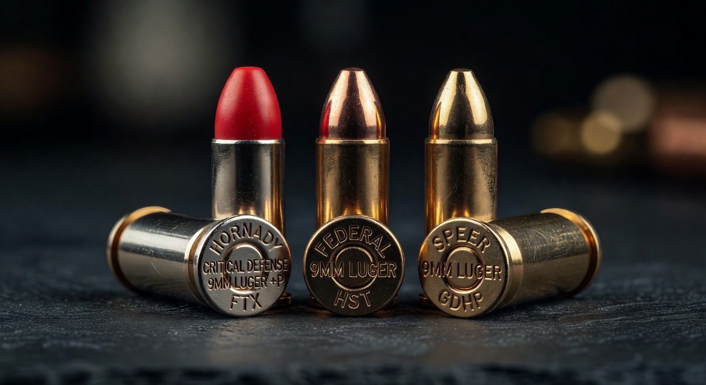 Premium ammunition display featuring Hornady Critical Defense, Federal HST, and Speer Gold Dot 9mm rounds in dramatic studio lighting, 8K macro photography