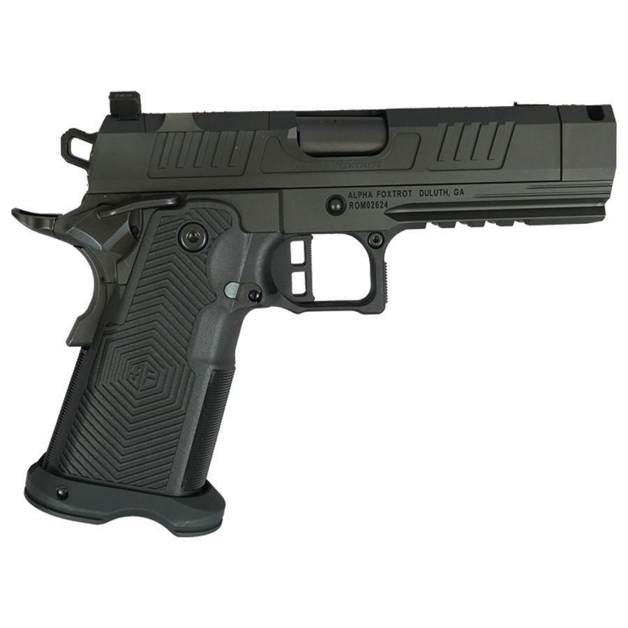 Photorealistic 8K studio hero shot of the Alpha Foxtrot AF1911 Romulus 9mm pistol, perfectly centered on seamless pure white background with subtle premium gradient, dramatic side lighting catching every contour of the deep DLC black finish, integrated compensator, slide serrations and textured grips, commercial product photography, razor sharp detail, conversion optimized