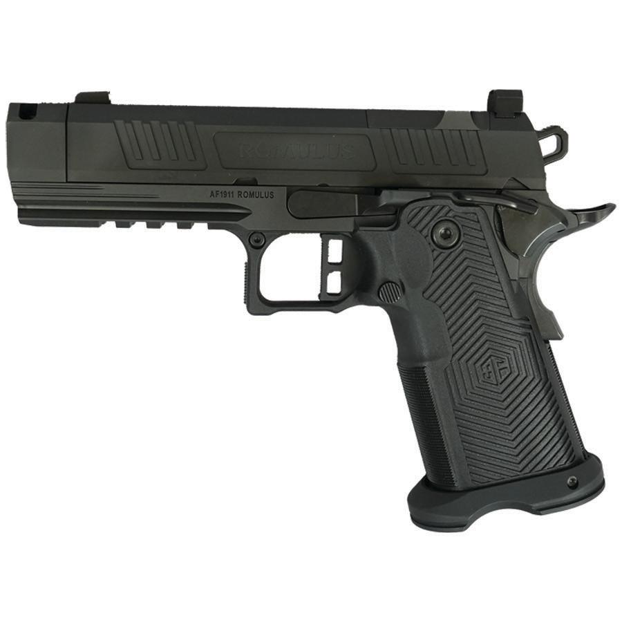 Photorealistic angled left-side view of the Alpha Foxtrot AF1911-Romulus 9mm pistol displayed open in its custom foam-fitted presentation case, soft directional lighting highlighting the gun's lines and luxurious packaging details, clean studio setting, 8K product photography
