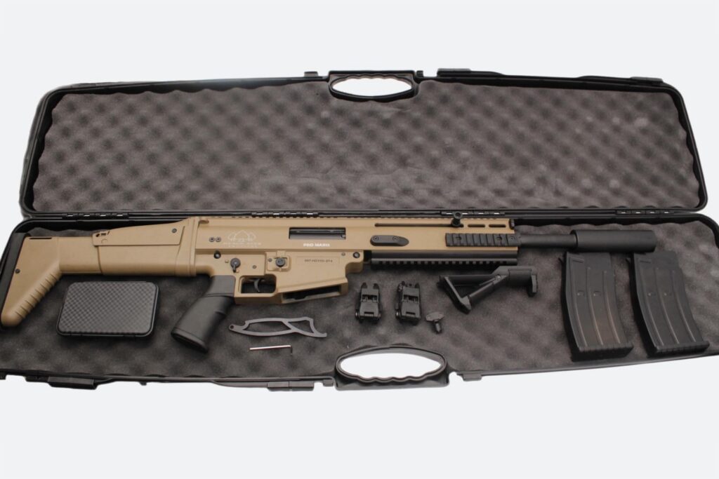Photorealistic 8K lifestyle image of the SR12 FDE shotgun being held by a tactical operator in an outdoor range setting, showing in-use handling with focus on ergonomic grip and stock