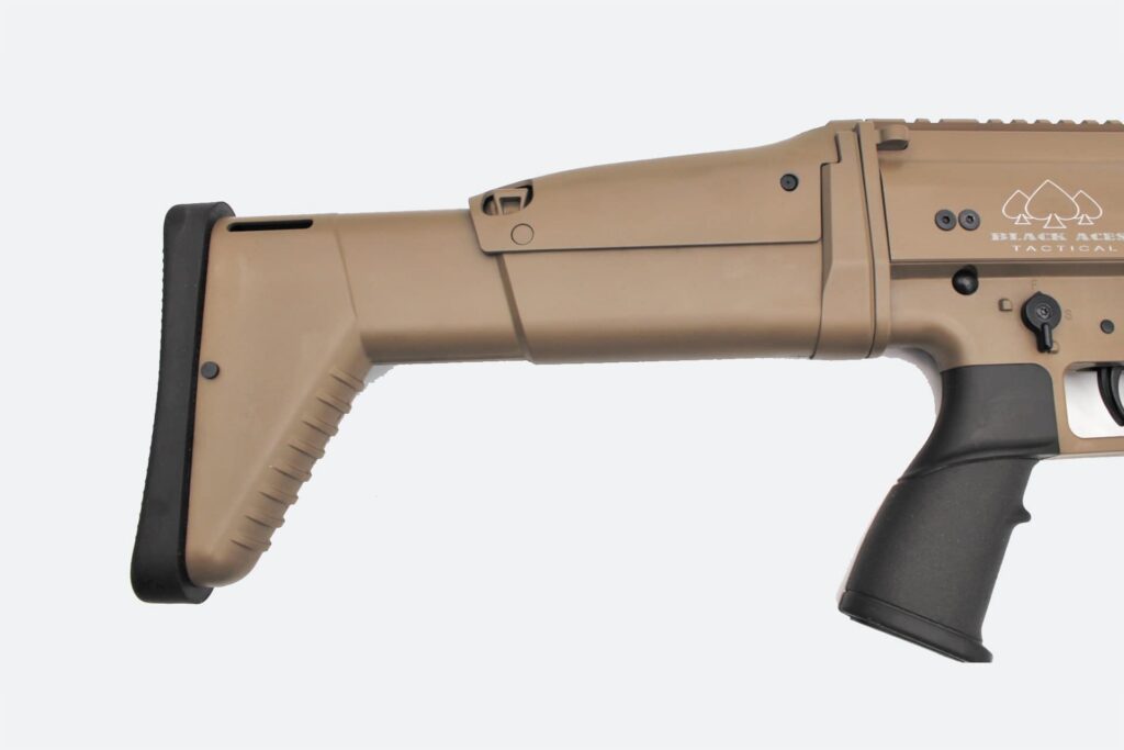 Photorealistic 8K macro detail shot of the SR12's receiver and FDE Cerakote finish, emphasizing texture and material quality up close
