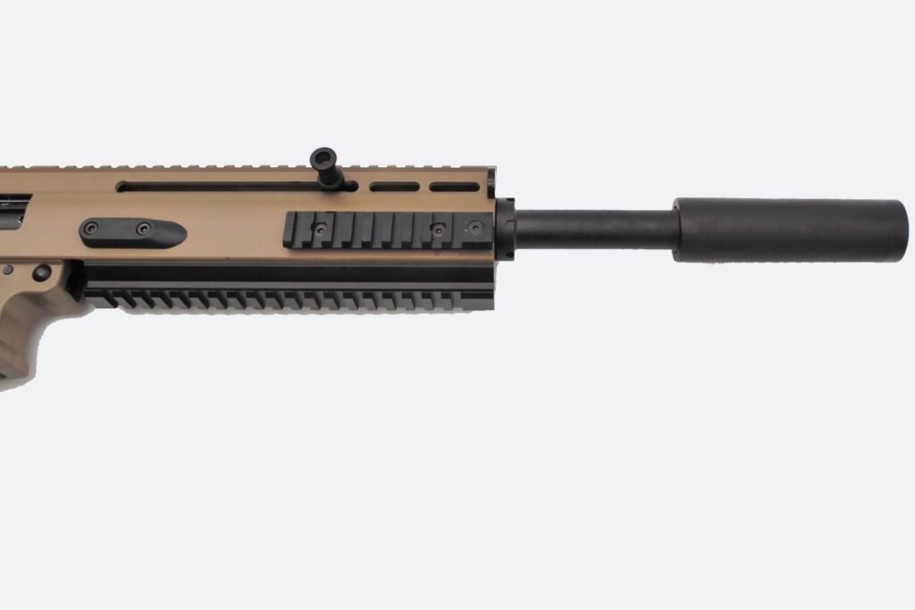 Photorealistic 8K in-use shot of the SR12 FDE in a home defense scenario, mounted with a red dot sight, low-light environment
