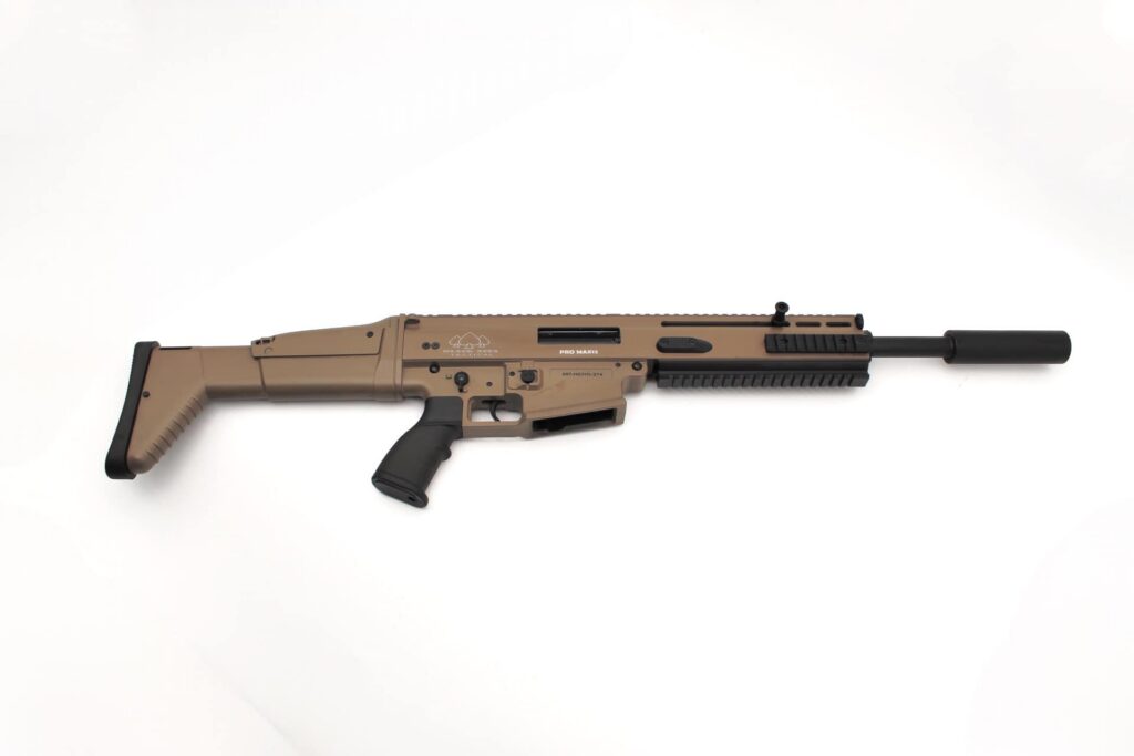 Photorealistic 8K detail view of the SR12's adjustable stock and pistol grip, zoomed in to showcase adjustability and polymer material
