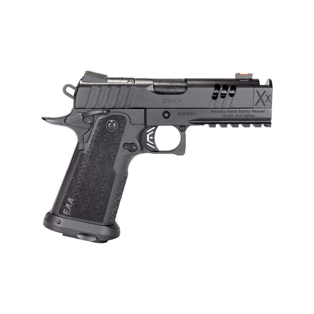 Photorealistic 8K studio shot of a black Girsan Witness2311 CMXX 9mm handgun centered on a premium gradient background, clean and isolated, highlighting the 4.25" barrel with compensator and ambidextrous safety, high detail on finish and rail, conversion-optimized hero image
