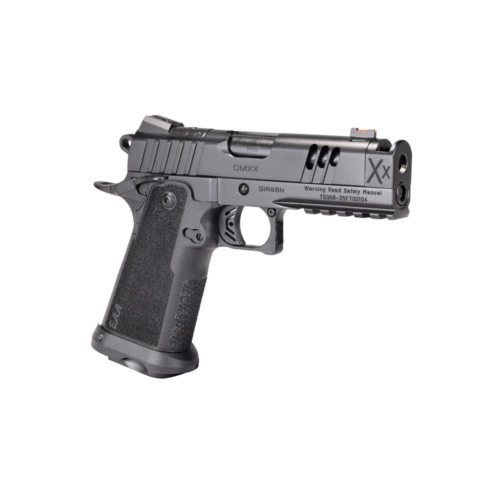 Photorealistic 8K lifestyle image of a black Girsan Witness2311 CMXX 9mm handgun in use at an indoor shooting range, held by a gloved hand aiming downrange, showing compensator and rail with attached light, dynamic action shot with realistic lighting