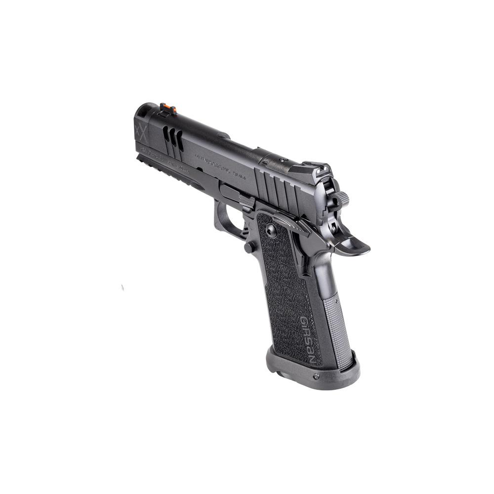 Photorealistic 8K macro detail shot of the black Girsan Witness2311 CMXX 9mm handgun focusing on the textured grip and ambidextrous safety, close-up on materials and finish, studio lighting to emphasize quality and craftsmanship