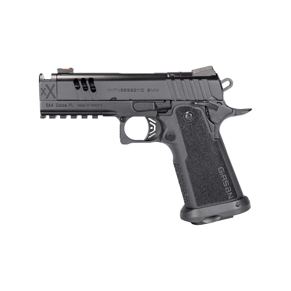 Photorealistic 8K alternative angle shot of the black Girsan Witness2311 CMXX 9mm handgun from a side view on a neutral surface, displaying the full 4.25" barrel, compensator, rail, and included 17-round magazine, with scale reference like a hand nearby for size